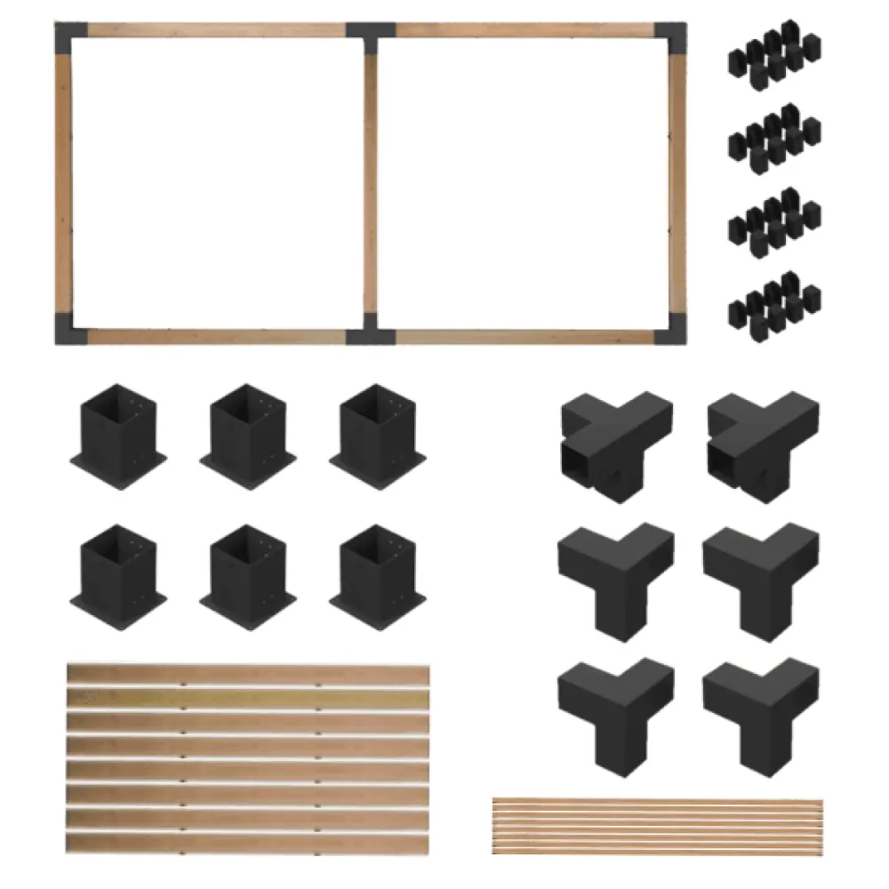 İki Bölümlü Üstü Açık Kendin Yap Pergola - 9x9 Kalas Geniş alanlar için tasarlanmış iki bölümlü, üstü açık minimalist tasarımlı 9x9 çam kalaslı kendin yap pergola sistemi